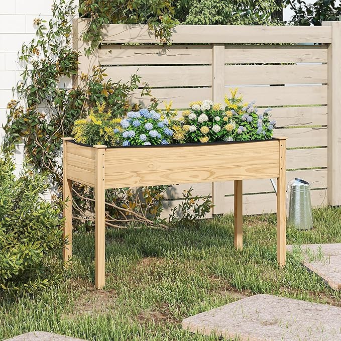 Raised Garden Bed 47 x 22.5 x 30 Elevated Planter Box w/Legs &amp Drainage Hole Wooden Planter Raised Bed for Vegetables Flowers Herbs Perfect for Outdoor Gardening Backyard Lawn Natural