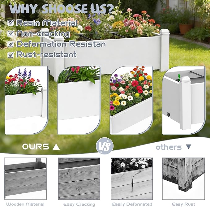 Elevated Raised Garden Bed 14 Gallon Outdoor Large Resin Patio Planter Box Stand Divisible with Drain Plug Water Monitor for Plants Vegetables Flowers Fruits (Ashen)