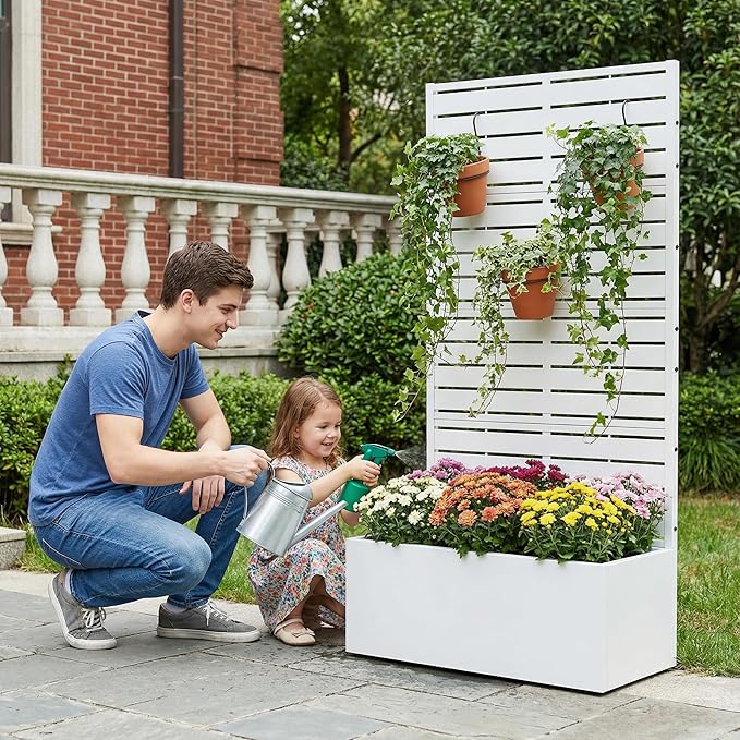 Casaphoria Metal Raised Garden Bed with Trellis 59x30x12 Planter Box for Climbing Plants Vegetables &amp Vines Features Drainage Holes and Privacy Screen (Black-Louvered)