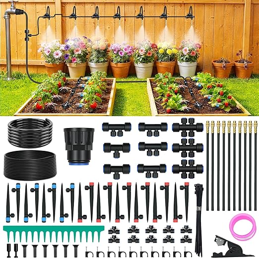 Drip Irrigation Kit DIY Automatic Garden Watering System with Push-Fit Connectors 2026 New Upgraded Water-Saving Design 3 Adjustable Nozzles for Yard Greenhouse Lawn &amp Potted Plants (100FT)