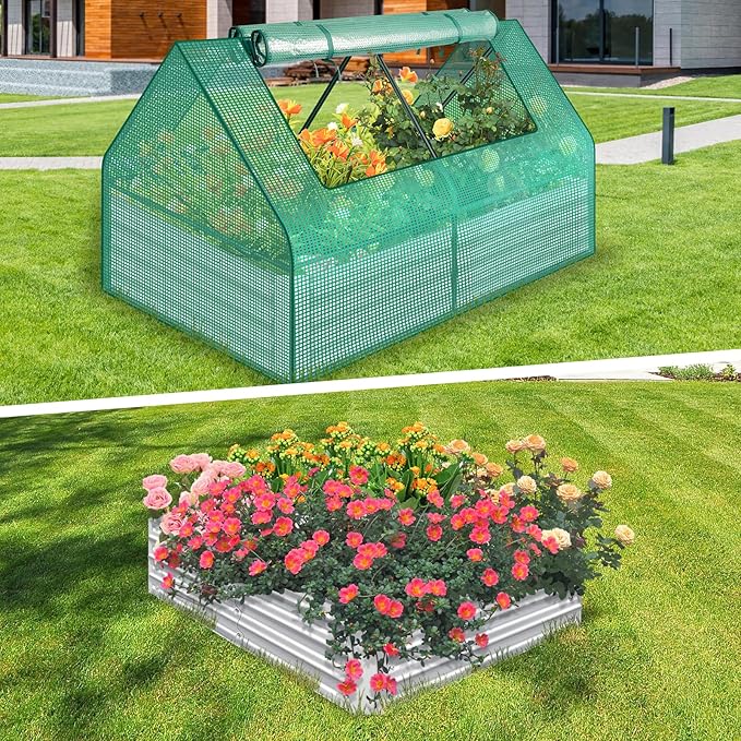 Raised Garden Bed with Cover with 2 Large Screen Windows Mini GreenhouseGalvanized Raised Garden Bed (Small--47.2*35.4*36 in)