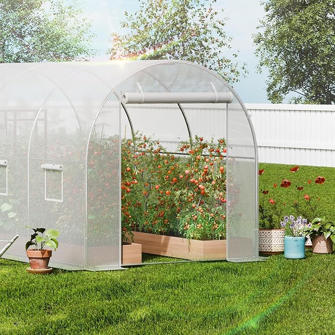 VEVOR Walk-in Tunnel Greenhouse 14.6x6.4x6.3 ft Hoop House Greenhouse Tunnel Plant Hot House with Galvanized Steel Frame White PE Cover Roll-up Zipper Door and 8 Windows for Outdoor