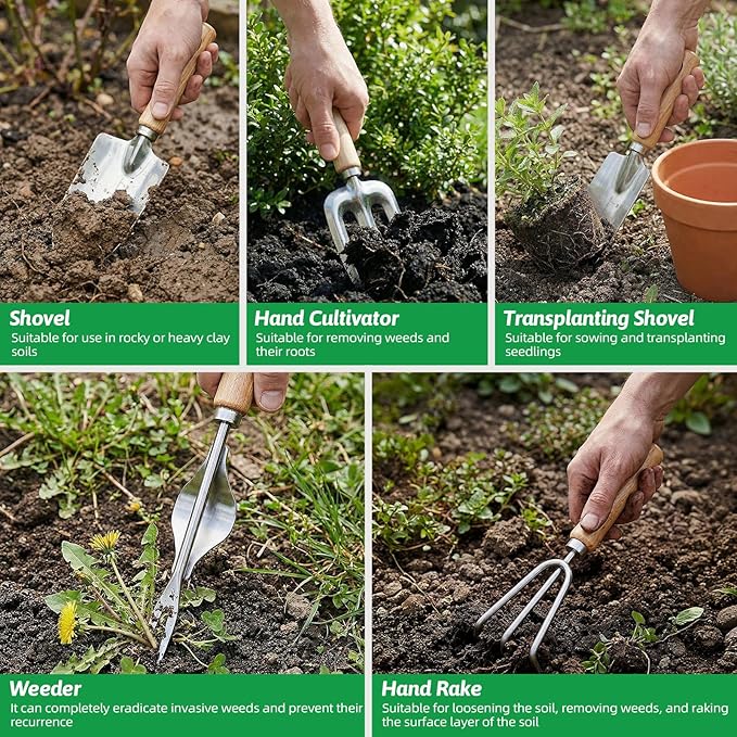 Gardening Tools 10 Pack Heavy Duty Rust-Proof Garden Tool Set with Organizer Tote BagSturdy Repotting MatGardening Gifts for Women Mom(Green)