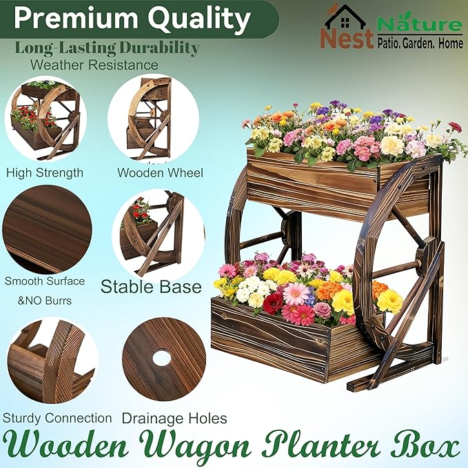 Wooden Wagon Garden Planter Box with Wheels-Indoor/Outdoor Decor for Patio Backyard Balcony-Country Farmhouse Flower Box-2 Tier Rustic Garden Raised Bed for Flowers Herbs Vegetables