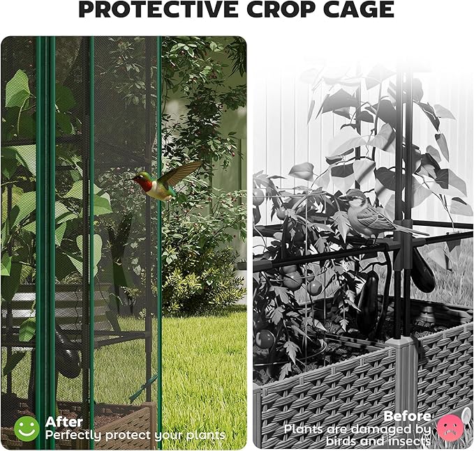 Outsunny Raised Garden Bed with Trellis 46.5 Tomato Cage with Crop Cage Self Watering Planter Box with Drainage Holes and Plugs for Outdoor Patio Climbing Plants Vines Vegetables Flowers Green
