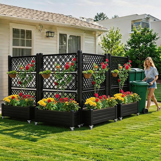 YITAHOME 3.6x1.5x5 FT Planter Box Trellis with Wheels Large Outdoor Plastic Raised Garden Bed with Drain Plug for Climbing Plants Black