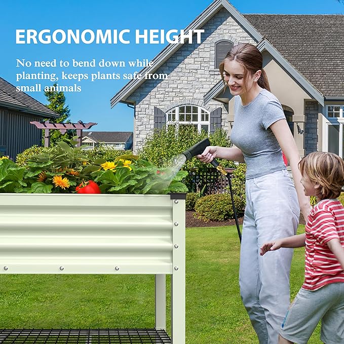 MUPATER 48 L x 24 W x 34 H Galvanized Steel Raised Garden Bed 507lbs Capacity Large Metal Elevated Raised Planter Box with Rolling Casters &amp Extra Bottom Shelf for Patio Balcony Beige