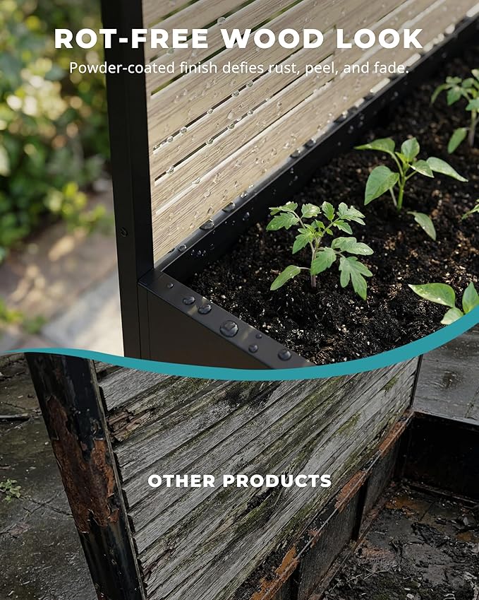 73 Metal Planter Box with Trellis on Wheels - Mobile Outdoor Planter with Drainage Holes &amp Louvered Privacy Screen Rust-Proof Wood Grain for Patio Balcony Backyard Poolside