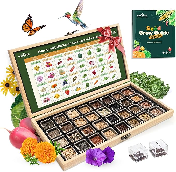 Lush&ampDew Year-Round USDA Zone 4 Seed Bank 32 Varieties Non-GMO Heirloom Seeds of Vegetables Herbs Gardening Gifts for Women Men Emergency Survival Kit for Raised Garden Bed Greenhouse