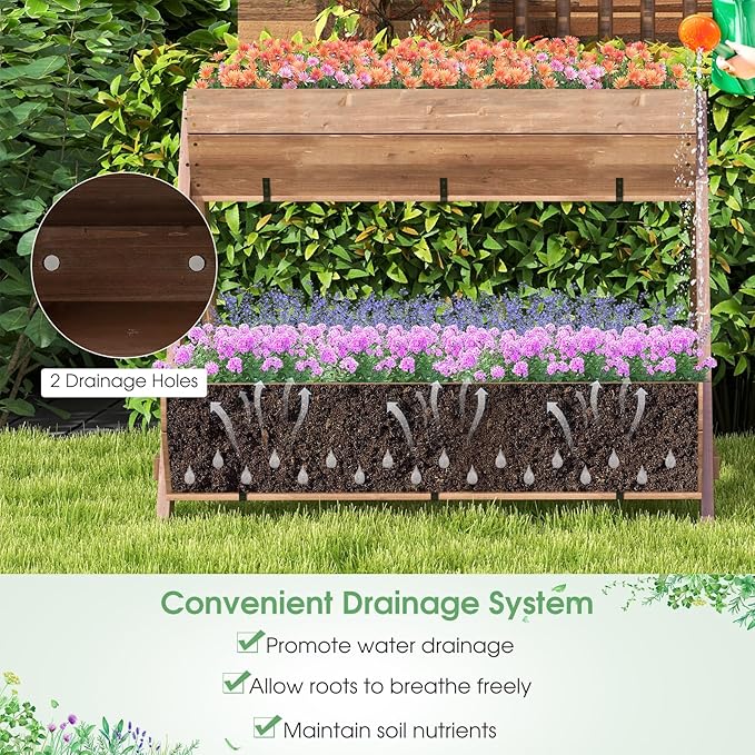 Giantex Vertical Raised Garden Bed 3 Large Wood Planter Boxes for Flower Vegetable Fruit Herb Freestanding Planter with Drain Holes Elevated Raised Beds for Indoor Outdoor Lawn Patio Yard Brown