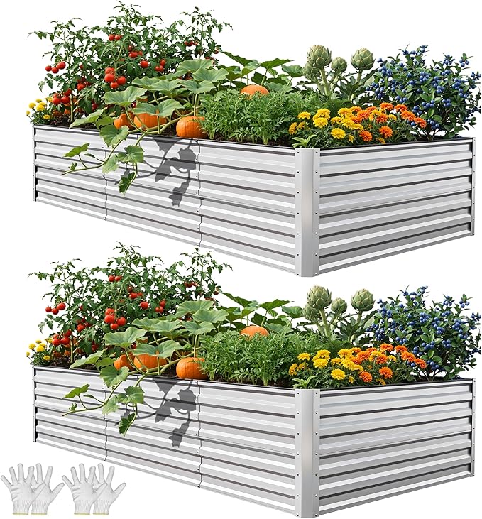 YITAHOME 8x4x2ft 2pcs Large Raised Garden Bed Kit Galvanized Metal Planter Box with Gloves Ground Nails &amp Safety Rubber Outdoor Above Ground Planters for Plants Vegetables Flowers Silver