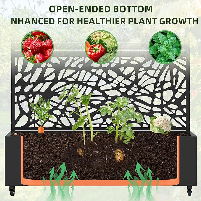 Casaphoria Metal Raised Garden Bed with Trellis and Wheels 72x47x16 Arched Planter Box for Climbing Plants Vegetables &amp Vines Features Drainage Holes and Privacy Screen (Black-Net&ampLouver