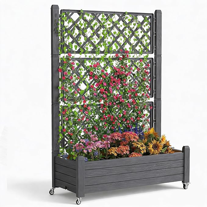Elevated Raised Garden Bed with Trellis 21 Gallon Self-Watering Outdoor Resin Planter Box with Lockable Wheels Drain Plug &amp Water Monitor for Plants Vegetables Flowers Fruits (Black)