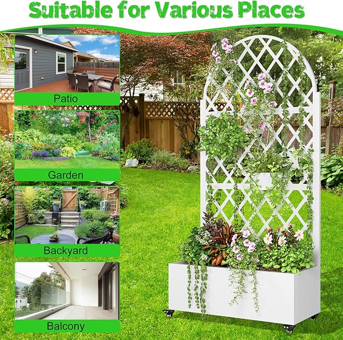 Trellis Planter Box with Wheels 35.4 Long Metal Raised Garden Bed with Drainage Holes Privacy Screen for Climbing Plants Vegetables Flowers Outdoor Patio Balcony Garden Kit (White)