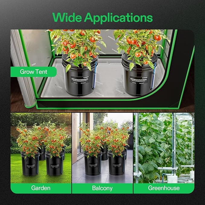 VIVOSUN DWC Hydroponics Grow System with Top Drip Kit 5-Gallon Deep Water Culture Recirculating Drip Garden System with Multi-Purpose Air Hose Air Pump and Air Stone (4 Buckets + Top Drip Kit)