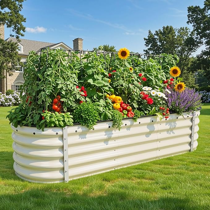YITAHOME 17 Tall 6 in 1 Large Raised Garden Bed Kit 6.5x2x1.4ft Galvanized Metal Planter Box with Gloves &amp Safety Rubber Outdoor Above Ground Planters for Plants Vegetables Flowers Cream Yello