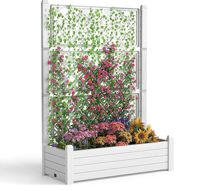 EasyUp Raised Garden Bed with Trellis for Climbing Plants Outdoor Herb Planter Box with Drainage Plug &amp Water Gauge Durable Resin for Patio Balcony Yard Dust-Proof Garden Planter