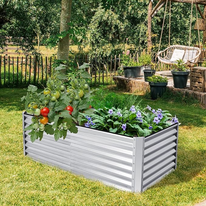 HAPPYGRILL 6x3x2 FT Raised Garden Bed Elevated Planter Box Kit with 4 Ground Stakes Outdoor Rectangular Metal Raised Garden Bed for Backyard Patio Vegetables Flowers Herbs Fruits Succulents
