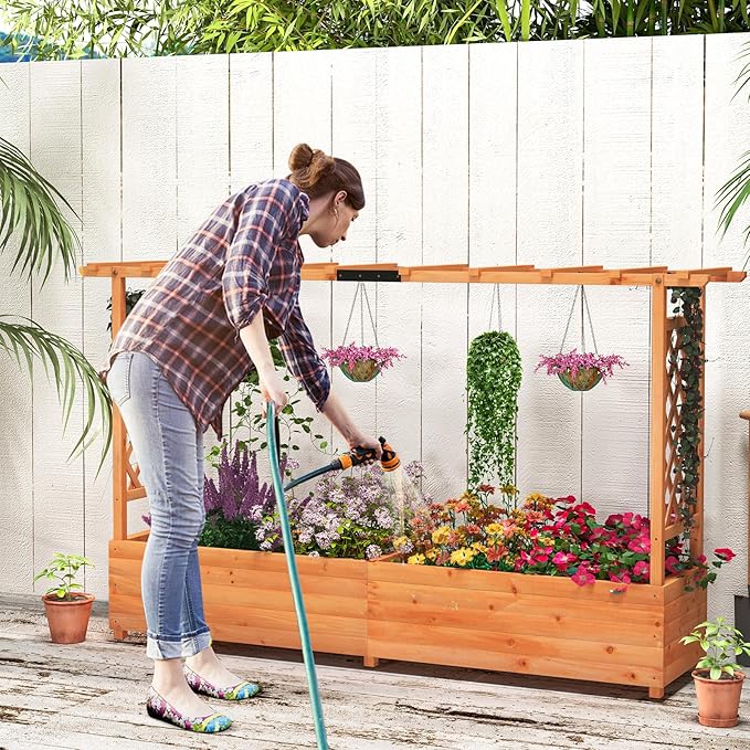 ORALNER Raised Garden Bed with Trellis Wooden Planter Box with Climbing Frame Outdoor Elevated Garden Box for Vegetables Herbs Flowers Fruits (Large)