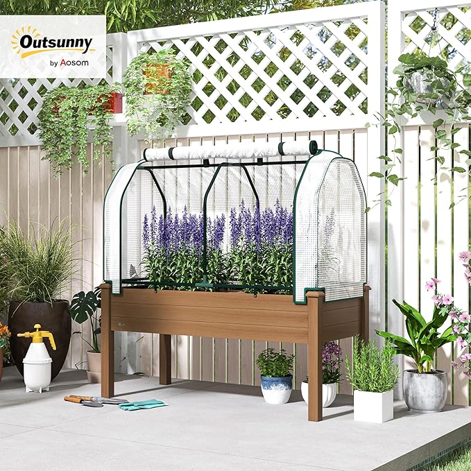 Outsunny Raised Garden Bed with PE Greenhouse Cover Outdoor Elevated Wood Planter Box for Herbs and Vegetables Use for Patio Backyard Balcony 48 x 22 x 46 inch Brown