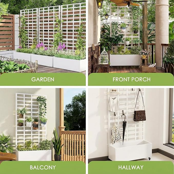 Metal Planter Box with Trellis for Climbing Plants 74.8x35.83x15.16 Raised Garden Bed with Privacy Screen Outdoor Planter with Drainage Holes White