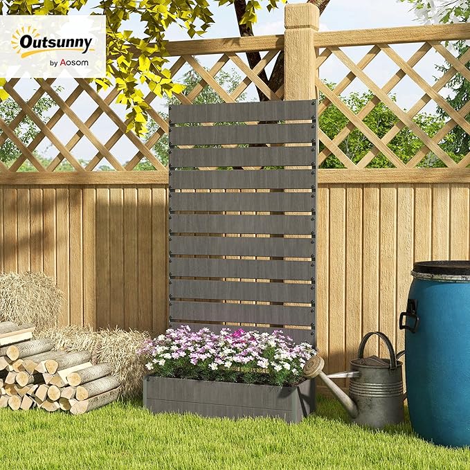 Outsunny Raised Garden Bed with Trellis for Climbing Plants Planter Box with Self Draining Gap Freestanding Trellis Planter for Outdoor Patio Deck 35.75 x 15 x 70.75 Dark Gray
