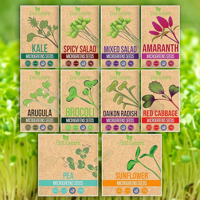 10 Variety Pack Microgreens Seeds - Broccoli Sunflower Pea Salad Mix Daikon Radish Kale Amaranth Spicy Salad Red Cabbage &amp Arugula. Grow Your own Microgreens with These Organic Seeds.