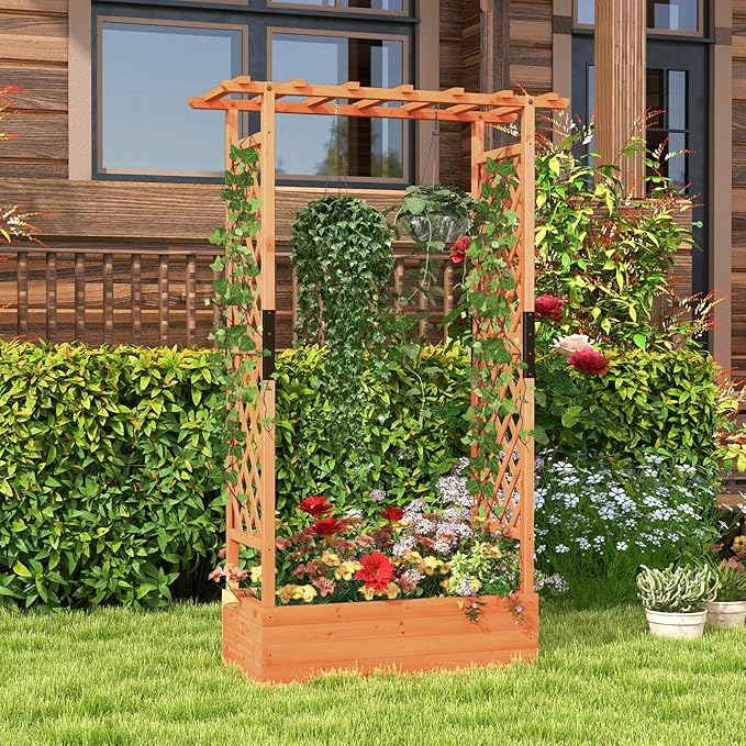 LDAILY Moccha Raised Garden Bed with Trellis Wood Garden Planter with Hanging Roof Drainage Holes Freestanding Elevated Planter Box for Climbing Plants Vines Flowers 43.5 x 17.5 x 72