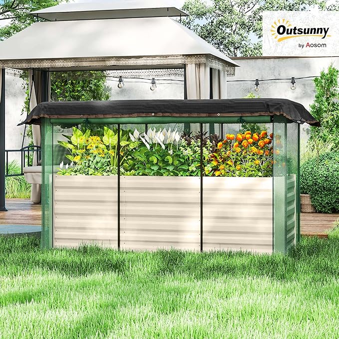 Outsunny 5.9 x 2 x 1.9 ft Galvanized Raised Garden Bed with Crop Cage Plant Protection Net and Shade Cloth Roof Metal Planter Box with Cover for Vegetables Flowers Herbs Beige