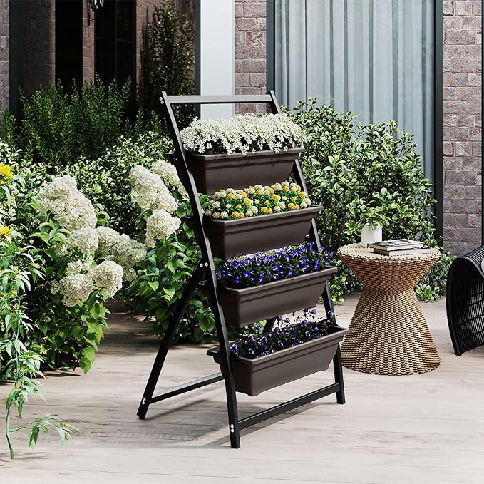 HAPPYGRILL 4-Tier Vertical Raised Garden Bed Elevated Planting Bed w/ 4 Stackable Flowerpots &amp Drainage Holes Indoor Outdoor Freestanding Planter Box w/Legs for Patio Yard (126 x 20.5'' x 49''