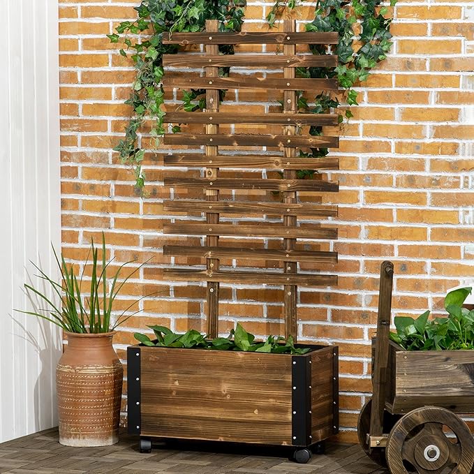 Raised Garden Bed with Wheels Indoor Outdoor Wooden Planter Box &amp Trellis for Vines Flowers Growing Tomatoes 58