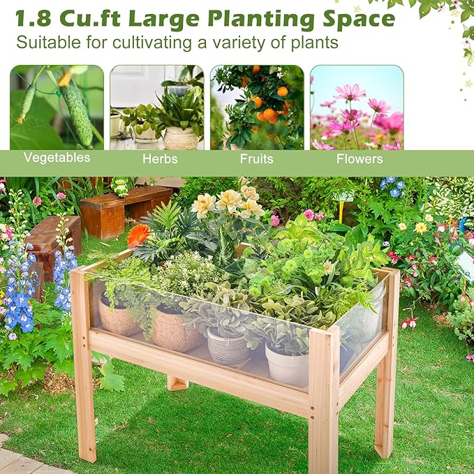 HAPPYGRILL Raised Garden Bed with Legs 24” Elevated Planter Box with 2 Acrylic Panel Sides Drain Holes Movable Beds Plant Terrarium w/Stand Planter Raised Beds for Vegetables Fruits Herbs