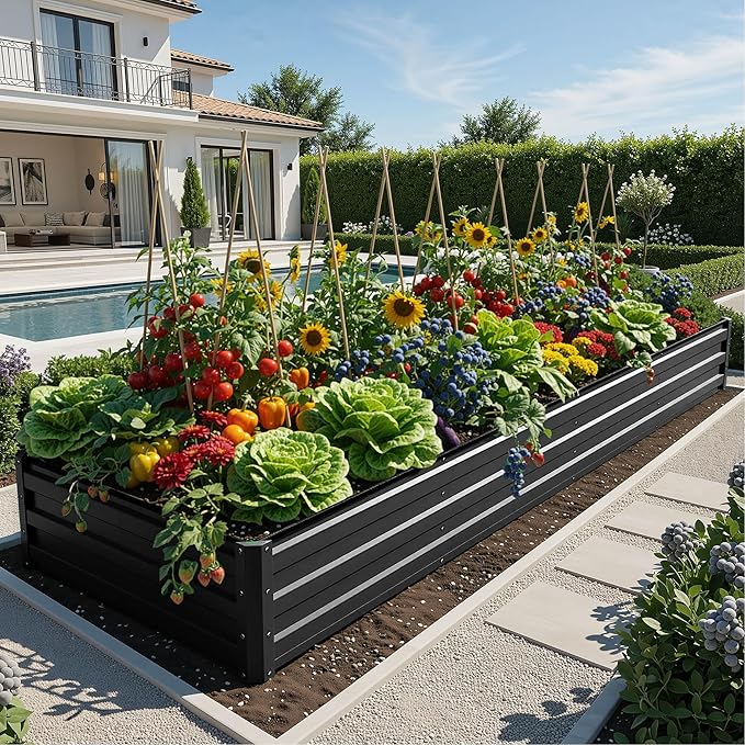 YITAHOME 6pcs 12x4x1 ft Galvanized Raised Garden Bed Kit Large Metal Planter Box with Gloves Safety Rubber &amp Support Rod Outdoor Flower Bed for Plants Vegetables Black