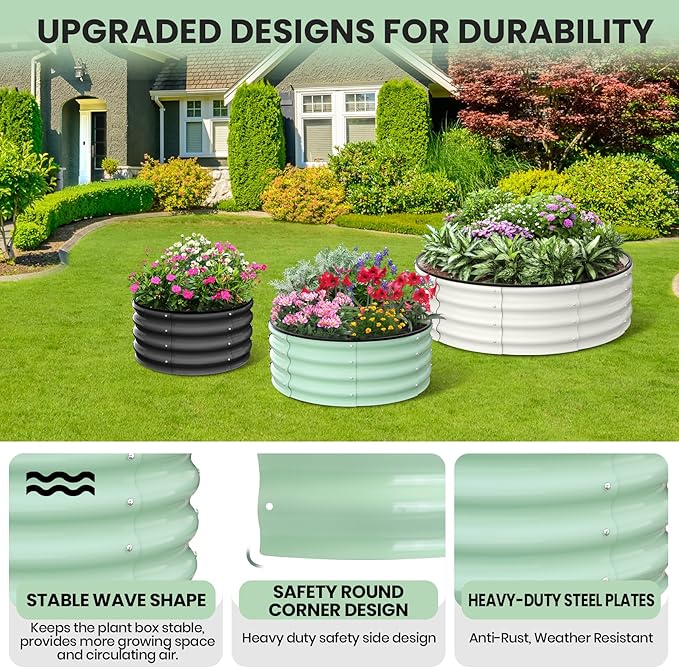 GarveeLife Raised Garden Beds Outdoor 2 Pack 2x2x1 ft Galvanized Raised Garden Bed for Gardening Round Metal Planter Box for Planting Plants Vegetables and Flower Green