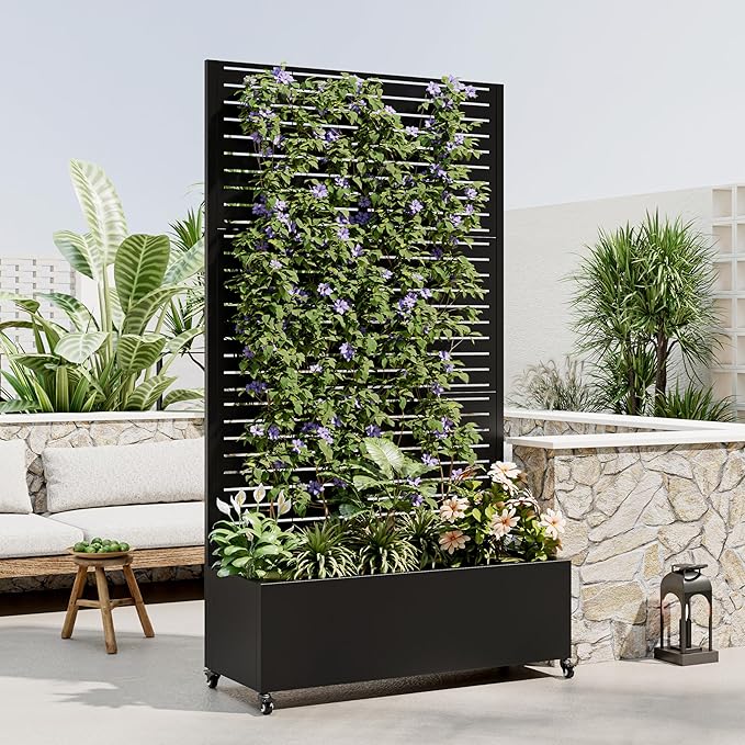 Metal Planter Box with Trellis Raised Garden Bed with 4 Wheels Privacy Screen &amp Trellis for Climbing Plants Vines Outdoor Plant Stands Rectangle Trellis