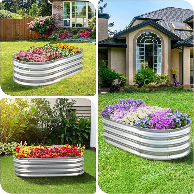 Sponvatt Raised Garden Bed - Outdoor Galvanized Raised Garden Bed Planter Boxes Large Oval Metal for Gardening Planter Box KitSuitable for VegetablesHerbs and Flowers Silver (8x4x1 Ft)