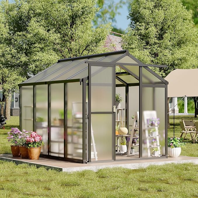 6X8 ft Greenhouse Greenhouses for Outside Aluminum Frame Polycarbonate Panels with Sliding Lockable Door and Ajustable Roof Vent Spacious Walk-in Design for Backyard Garden Patio Black