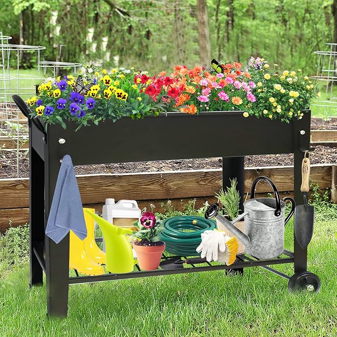 Raised Garden Planter Beds with Wheels Legs Large Planters Box for Indoor Outdoor PlantsMetal Galvanized Elevated Rectangle Herb Planter Box for Vegetables Flower Patio 31.5 H
