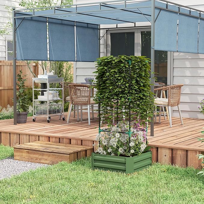 Outsunny Galvanized Raised Garden Bed 55 Tall Outdoor Planter Box with Trellis Tomato Cage and Open Bottom for Climbing Vines Vegetables Flowers in Backyard Garden Patio Green
