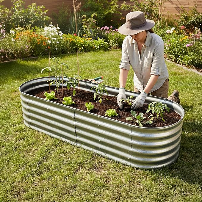 Relaxdays Raised Bed Galvanised Metal for Flowers Plants &amp Vegetables HBT: 45 x 200 x 60 cm Oval Plant Bed Silver