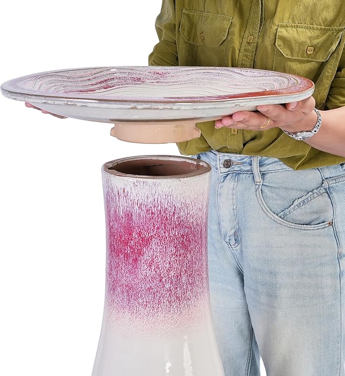 17'' Ceramic Bird Bath for Outside Elegant Tall Outdoor Bird Bath Lightweight Pedestal Glazed Birdbaths for Outdoors with Swirl Pattern Rose Ombre