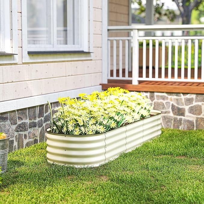 Outsunny 6.5' x 2' x 1' Galvanized Raised Garden Bed Kit Outdoor Metal Elevated Planter Box with Safety Edging Easy DIY Stock Tank for Growing Flowers Herbs &amp Vegetables Cream