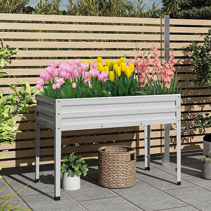 Giantex Raised Garden Bed with Legs 46”x24”x32” Galvanized Steel Planter Box with Drainage Holes for Vegetables Flowers &amp Fruits Freestanding Elevated Planting Bed Easy Assembly (Silver)