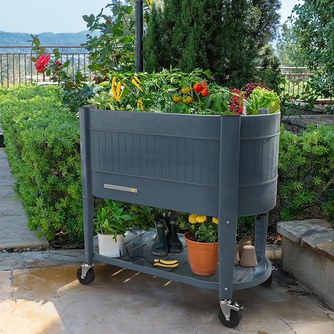 Permasteel Raised Garden Bed with Legs Planter Box with EnGrow™ TrueSoil™ Technology for Vegetables Flowers Herbs and Fruit Outdoor Indoor Storage Shelf Caster Wheels Blue