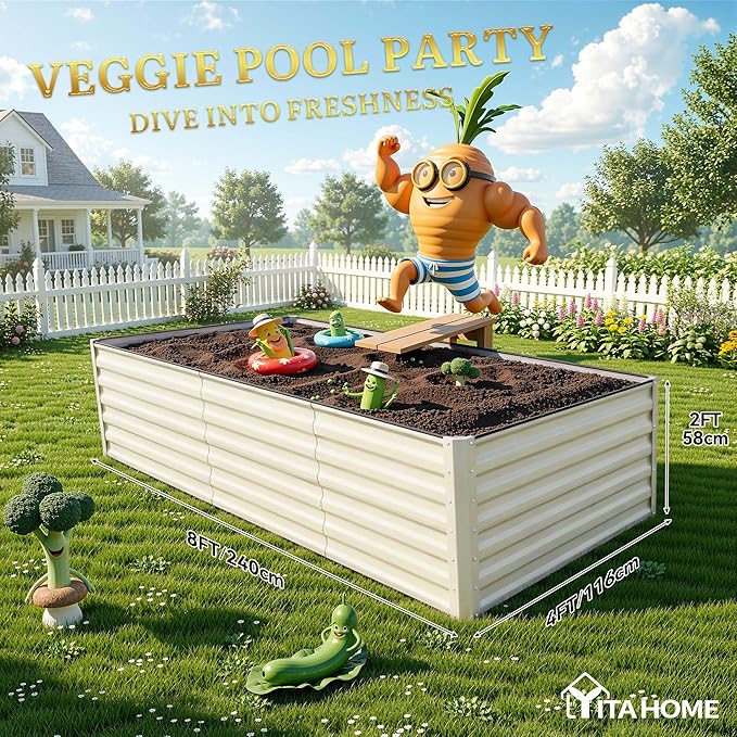 YITAHOME 8x4x2ft Large Raised Garden Bed Kit Galvanized Metal Planter Box with Gloves Support Rod &amp Safety Rubber Outdoor Above Ground Planters for Plants Vegetables Flowers Cream Yellow