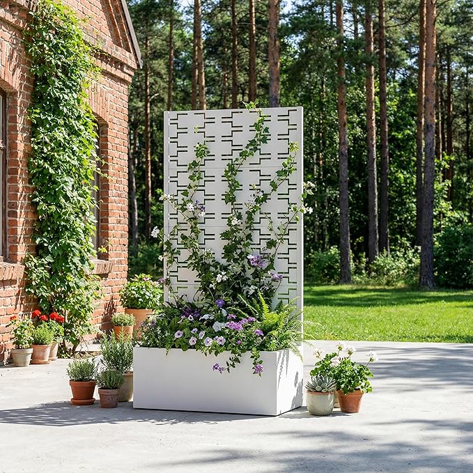 Casaphoria Metal Raised Garden Bed with Trellis 59x30x12 Planter Box for Climbing Plants Vegetables &amp Vines Features Drainage Holes and Privacy Screen White-Brick