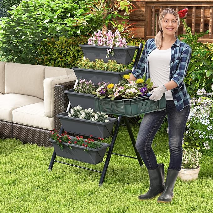 Giantex Set of 2 Vertical Raised Garden Bed on Wheels Elevated Planter Raised Beds with Water Drainage Freestanding 5 Container Boxes for Vegetables and Flowers Growing Outdoor Indoor Patio Balcony