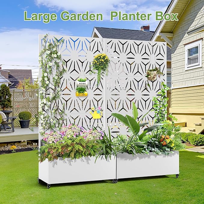 Raised Garden Bed with Trellis and Wheels73x35x16 Metal Raised Garden BedWhite Star Metal Planter with Climbing Trellis for Vines &amp Vegetables