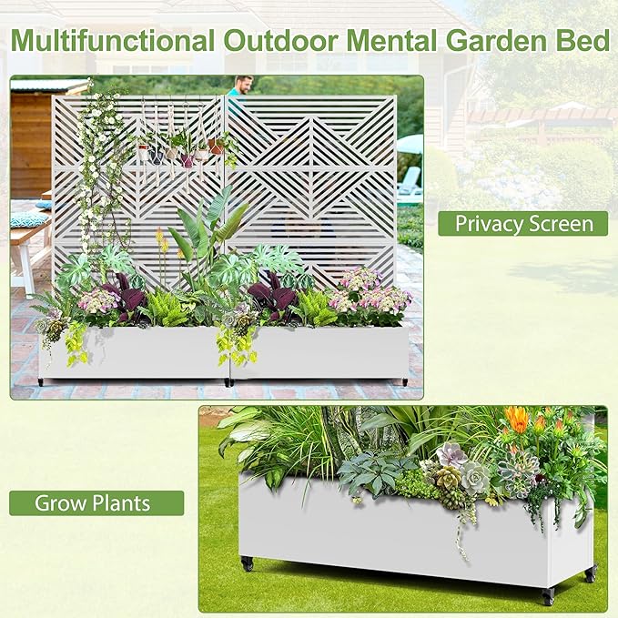 Raised Garden Bed with Trellis and Wheels73x47x16 Metal Raised Garden BedWhite Diamond Metal Planter with Climbing Trellis for Vines &amp Vegetables