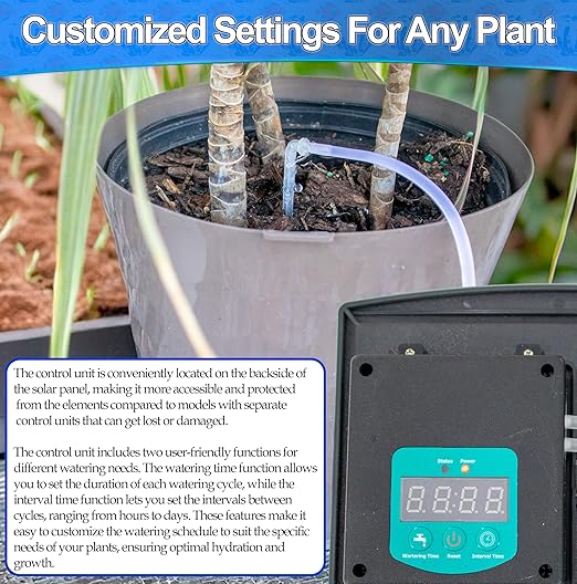 Solar Self Watering Plant Drip Irrigation System for 15 Plants Multiple Automatic Control Modes - Portable DIY Kit for Indoor/Outdoor Gardens Patios Balconies and Vacation Plant Care